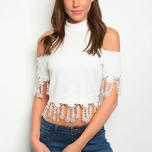 Ivory Lace Fringe Cold Shoulder Cut Out Crop Top High Neck Cute Top